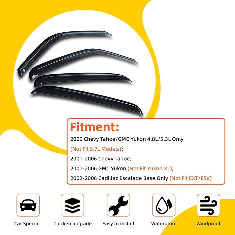 PLDDE Rain Guards Compatible with 2000-2006 Tahoe GMC Yukon 2002-2006 Escalade Base Smoke Side Window Visor Wind Deflector Vent Visors Car Accessories Tape-On 4pcs - Image 2